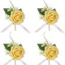 Geesatis 4 Pcs Rose Boutonniere Corsage Boutonniere for Men Wedding, Ceremony Anniversary, Dinner Party Artificial Flower Boutonniere, Yellow