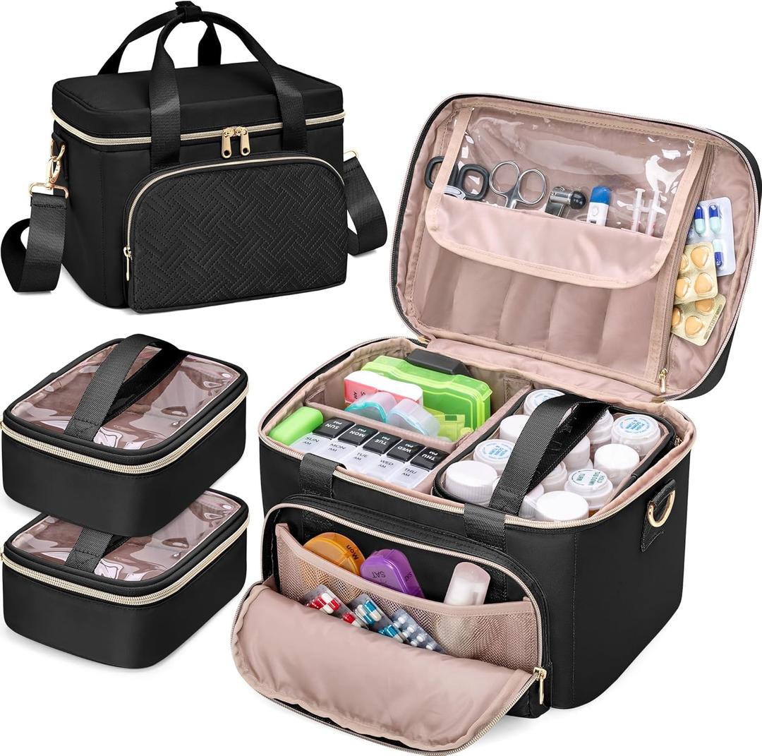 Medicine Storage Bag with 2 Medical Bags, Pill Bottle Organizer Bag Empty First Aid Bag for Travel, Home Healthcare, Black(Empty Bag Only)