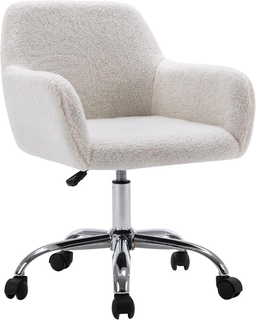 KCC Faux Fur Vanity Makeup Desk Chair, Comfy Fluffy Swivel Modern Leisure Armchair with Wheels, Upholstered Fuzzy Height Adjustable for Teens Women Girls Elegant Home Office, B-Type White