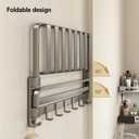 VOLPONE Bathroom Towel Rack with Double Towel Bar Foldable Towel Shelf Wall Mounted Towel Storage with Hooks No Assembly Required 24Inch Matte Grey