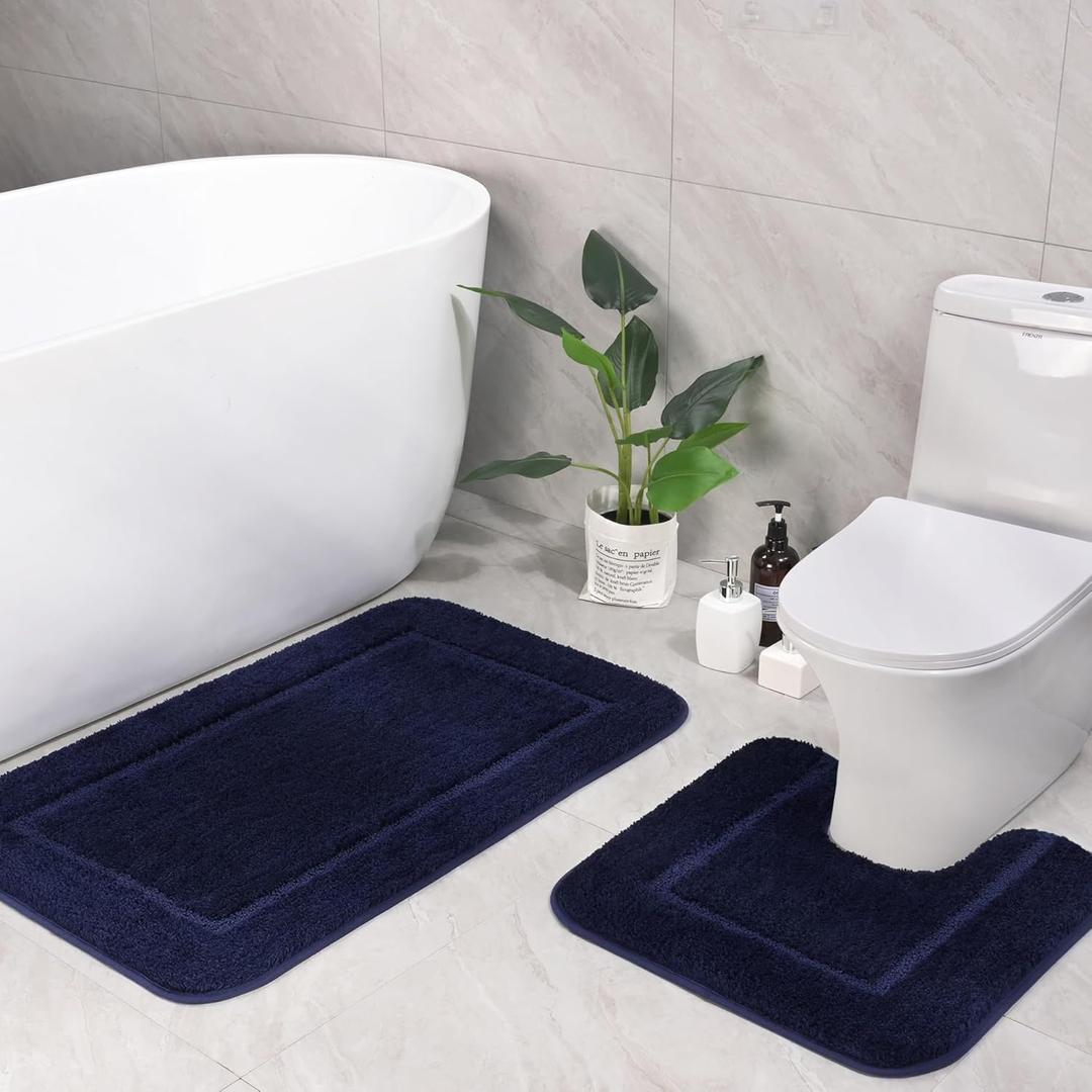 LOCHAS Bathroom Rug Set Navy, Soft Bath Rug Set 2 Piece, Toilet Mat U-Shaped 20x20 and 34x20 Bath Rugs, Quickly Dry Mats for Bathroom, Tub, Washable, Super Absorbent Floor Mat