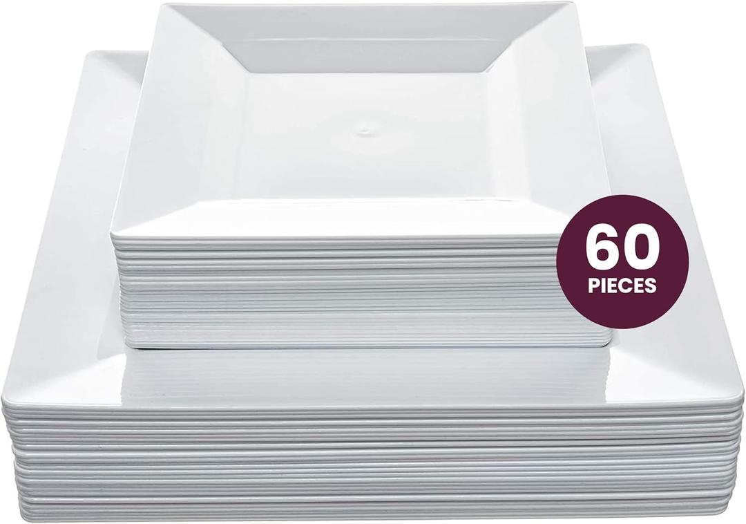 Aya's 60ct White Square Disposable Plates - Heavy Duty Plastic Party Plates for Christmas, Thanksgiving (30 Dinner & 30 Salad)