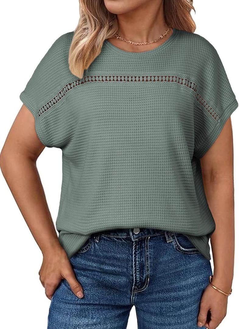 Eytino Plus Size Tops for Women Hollow Out Waffle Knit T-Shirts Crewneck Short Sleeve Casual Loose Basic Tee Blouses(3X)