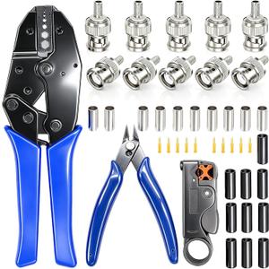Taiss Coaxial Cable Tool Kit BNC Crimp tool with 10PCS BNC Male Crimp Connector,Coaxial Cable Stripper Cutter,Wire Cable Cutter and Heat Shrink Tube for RG58/RG59/RG62/RG174