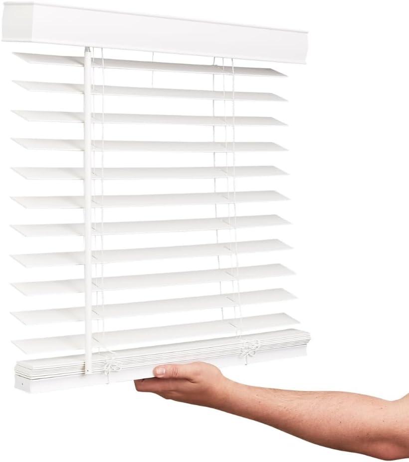 LOTUS & WINDOWARE Cordless Faux Wood Blinds, 35" Wide x 60" Long, Smooth, Snow White, 2 Inch Horizontal Blinds  for Living Room, Bedroom, Interior Door Windows (35 x 60, Snow White)
