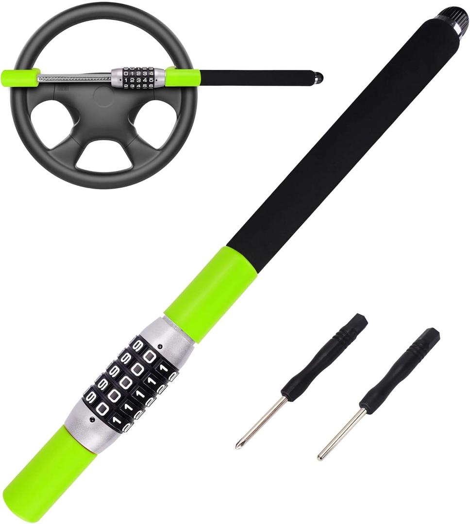 Tevlaphee Steering Wheel Lock, Car Lock Anti Theft Keyless Extendable Retractable Password 5 Coded Combination Lock, Heavy Duty Universal Fit (Green) Tevlaphee Steering Wheel Lock, Car Lock Anti Theft Keyless Extendable Retractable Password 5 Coded Combination Lock, Heavy Duty Universal Fit (Green)