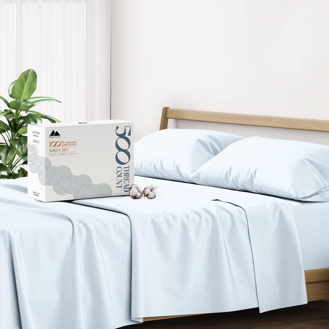 Mayfair Linen 100% Cotton Bed Sheets California King Sheet Set - 500 Thread Count Sheets Cal King Size 4 PC Set (Light Blue), Soft, Cooling, 16" Deep Pocket Sateen Cotton Bedsheet for Hot Sleepers