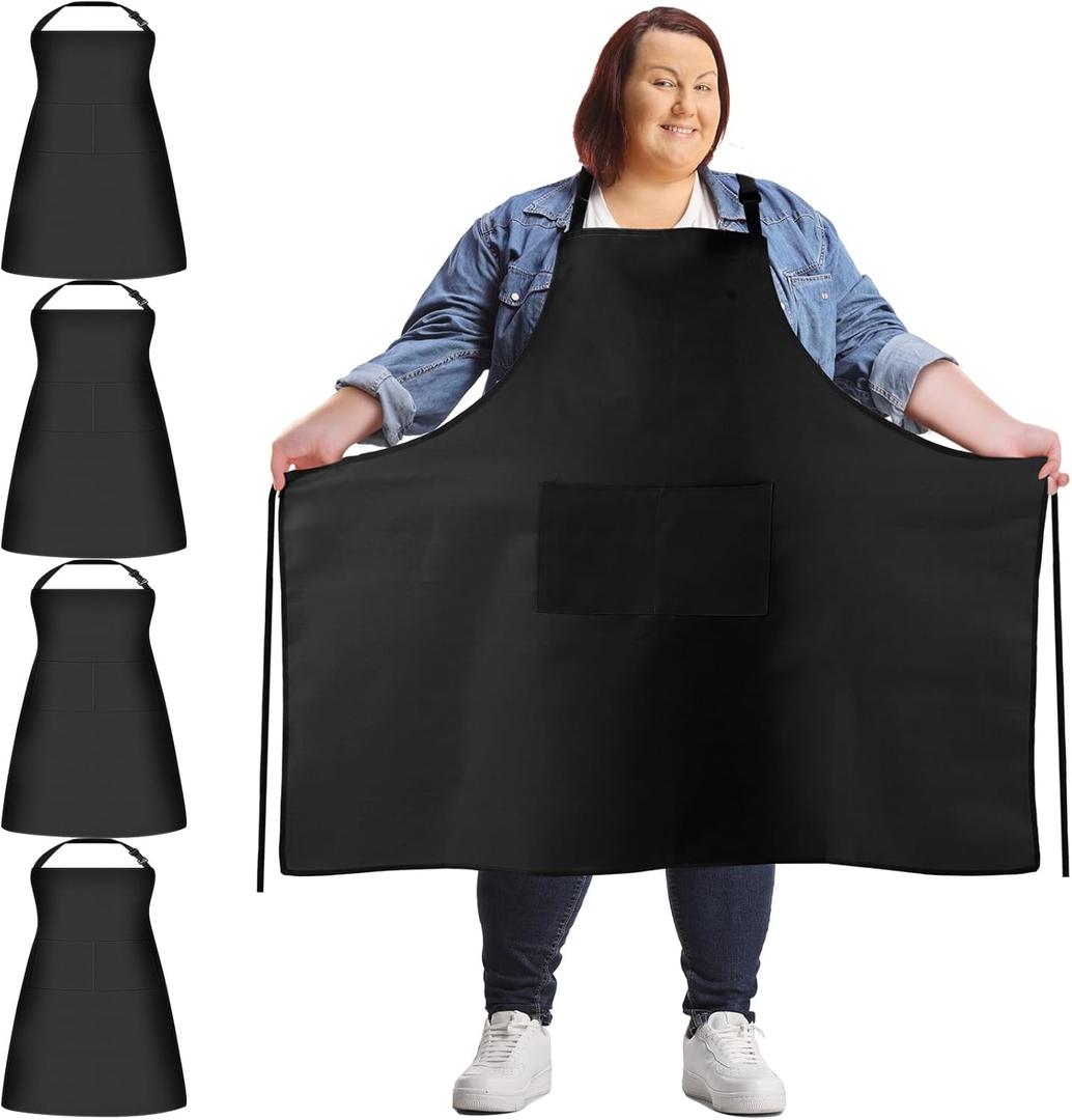 Plus Size Chef Aprons Extra Large Adjustable Unisex Kitchen Aprons with 2 Pockets for Women Men Cooking Working (Black)