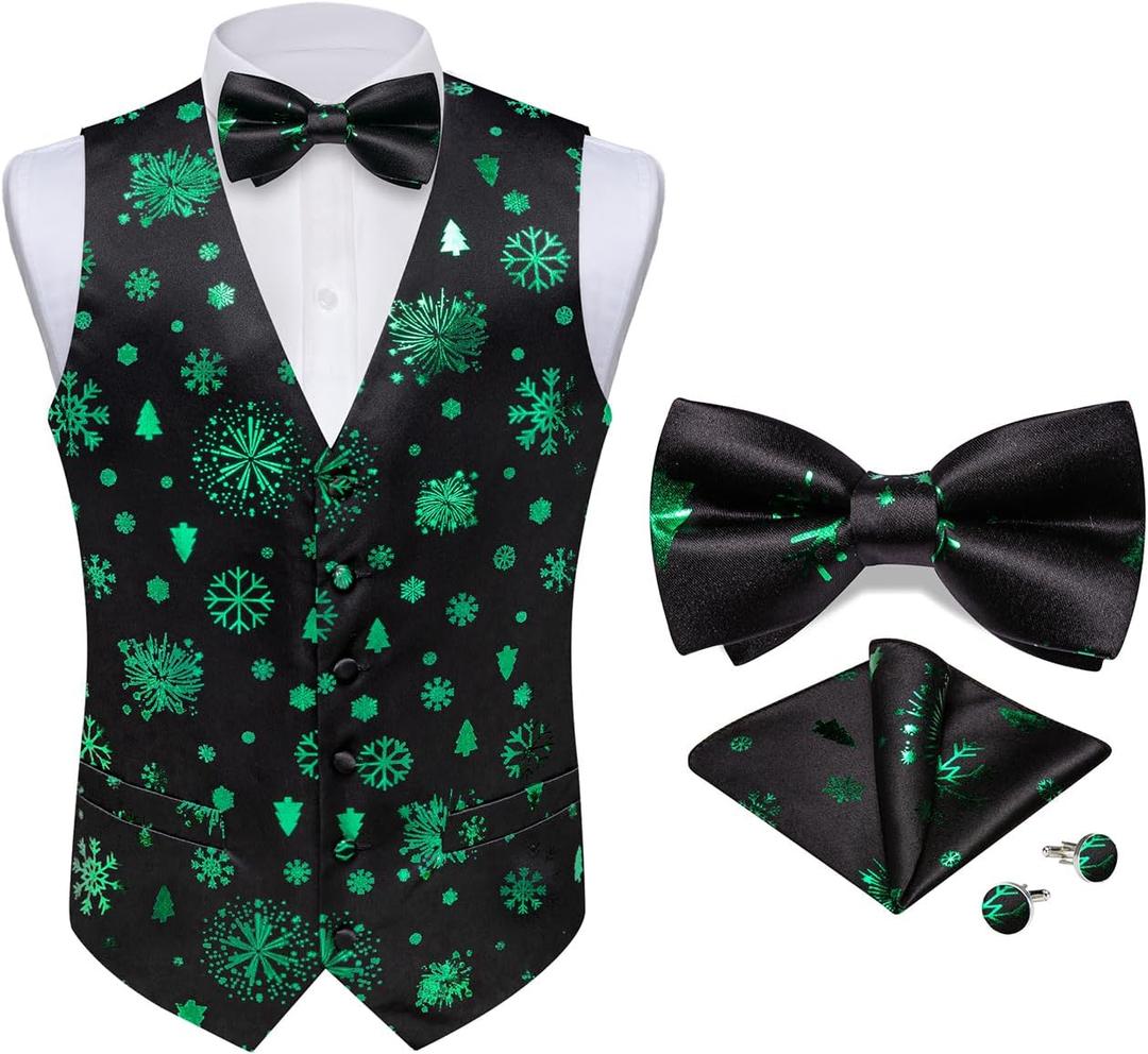 DiBanGu Mens Christmas Vest and Bow Tie Set Festival Christmas Snowflake Suit Vest for XmasNew Year Party Formal (Black Green Christmas Tree Snowflake)