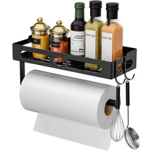 Paper Towel Holder with Shelf for Bathroom, Kitchen Paper Holder Spice Rack Paper Towel Roll Holder Wall Mounted Paper Towel Holder with 2 Hooks(2 Installation Methods - Self-Adhesive and Drilling) (Black)