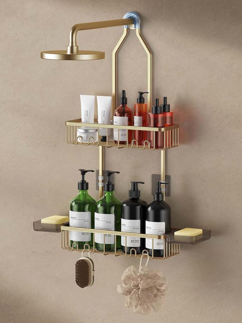 Shower Caddy Hanging, Shower Organizer Hanging, Aluminum Shower Racks for Inside Shower with Hooks for Razor, Never Rust Bathroom Organizers and Storage with Soap Holder, Gold