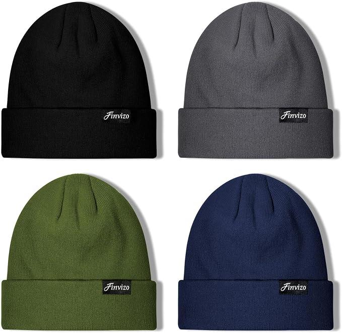 Winter Beanie Hats for Men Women: 4 Pack Knit Cuffed Beanies Skull Caps Unisex Warm Hat (Black, Dark Grey, Navy, Green)