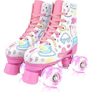 YYW Roller Skates for Girls and Women, Cute White PU Leather Light Up Kids Youth Girls Indoor Outdoor Roller Skates Ages 6-12 (White, 37-US Women 7/ Youth 6)