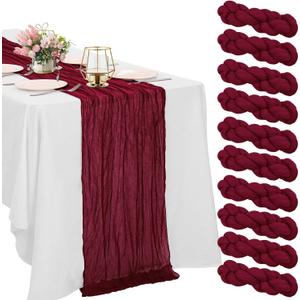 10 Pack Burgundy Cheesecloth Table Runner 10FT Boho Gauze Fabric Table Runner Vintage Rustic Sheer Runners for Wedding Party Bridal Baby Shower Long Table Decorations (21"x120")
