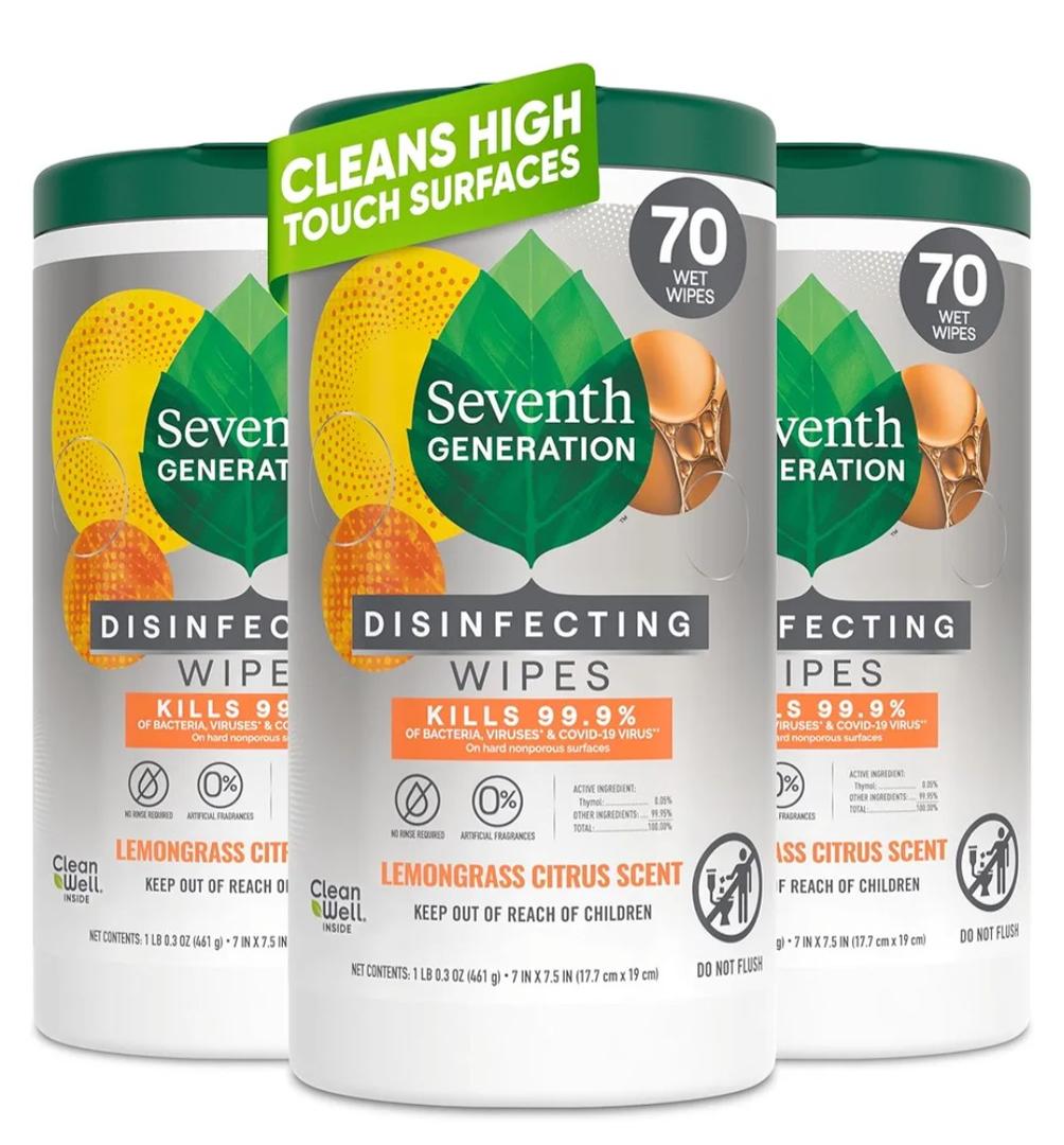 Seventh Generation Disinfecting Multi-Surface Wipes, Lemongrass Citrus, 70 Count, Pack of 3 