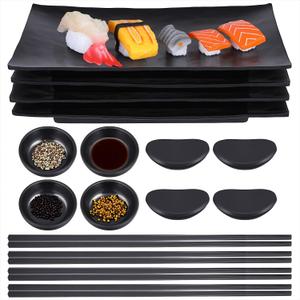 16pcs Sushi Plates Set,Melamine Sushi Serving Set,Japanese Dinnerware Sets - Includes 4 Sushi Trays, 4 Soy Sauce Bowls 4 Pairs of Chopsticks and Holders,Wedding Housewarming Gift, Black