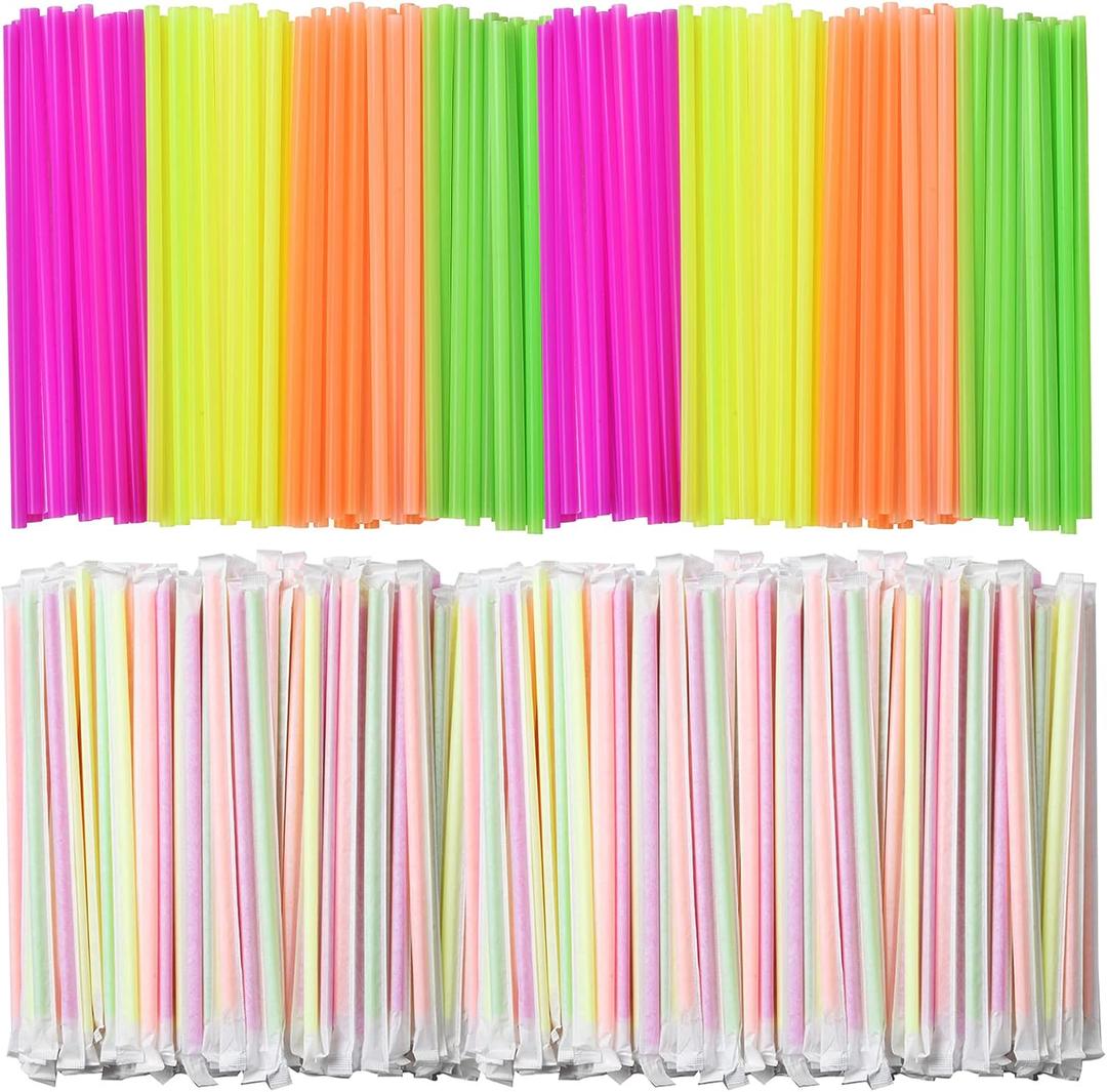 ALINK 1000 PCS Neon Colored Plastic Disposable Drinking Straws, Individually Wrapped Straight Party Straws - 7.75" x 0.23"