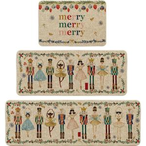 Artoid Mode Watercolor Nutcrackers Merry Christmas Decorative Kitchen Mats Set of 3, Home Party Low-Profile Kitchen Rugs - 24"x35"+24"x59"+24"x72" (Beige)