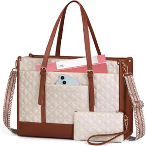 IGOLUMON Laptop Bag for Women 15.6 Inch Vegan Leather Work Tote Bag Quilted Womens Briefcase Designer Laptop Bags for Office Teacher College Cute Computer Bag with Purse Professional Beige & Brown (Beige & Brown)