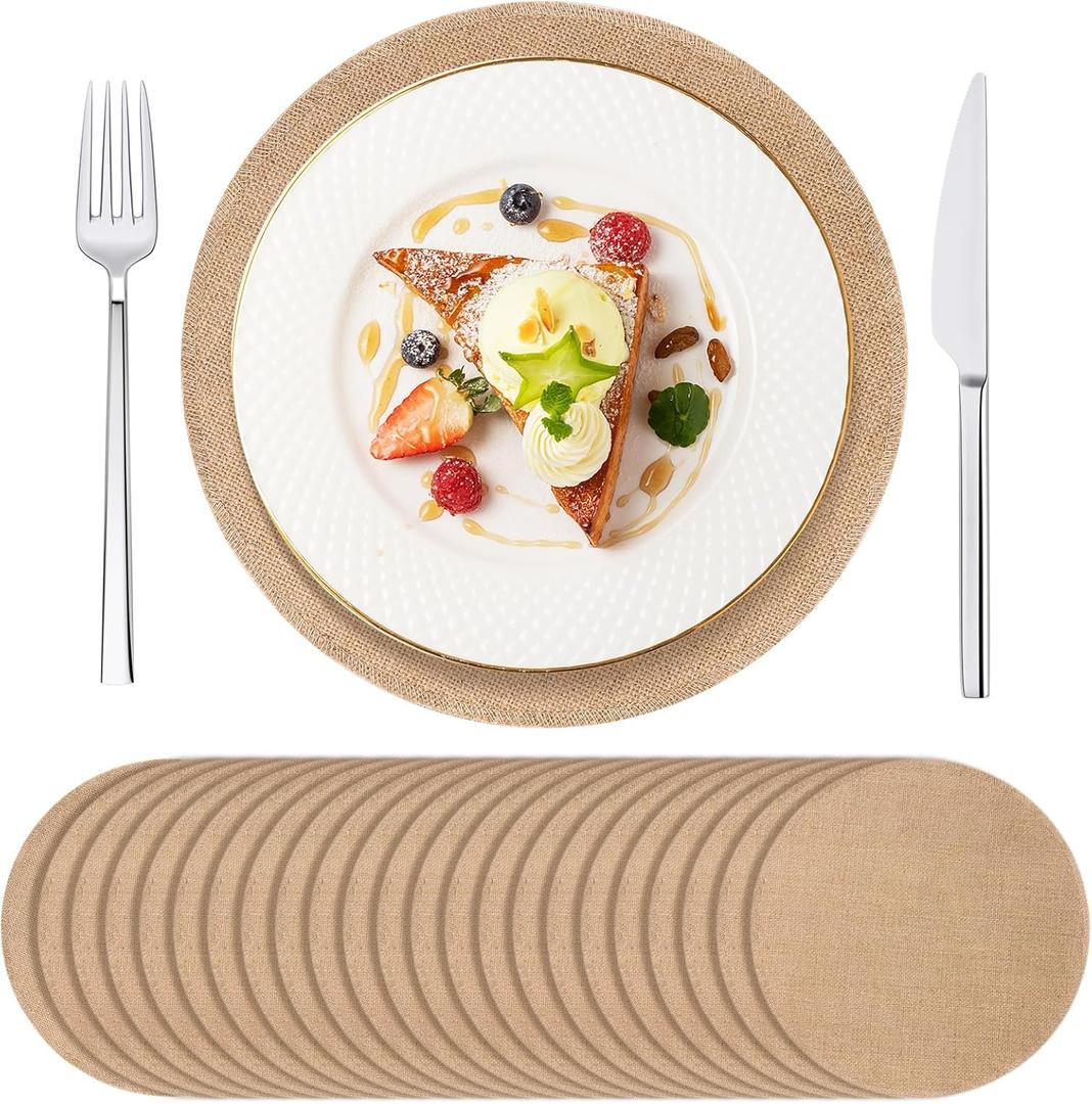 24 Pack Round Burlap Placemats, 11.8 Jute Rustic Table Placemats Bulk for Charger Plates, Burlap Circle Table Mats for Dining Table, Brown Charger Place Mat for Wedding Dinner Holiday Farmhouse Decor
