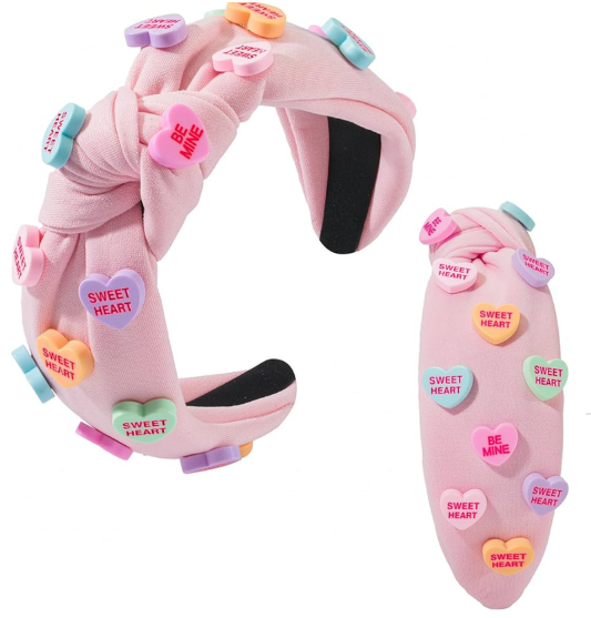 Holiday Heart Candy Embellished Red Headband Conversation Love Heart Charm Knotted Headband Non Slip Wide Top Knot Fashion Hairband Hair Accessories for Women (red)