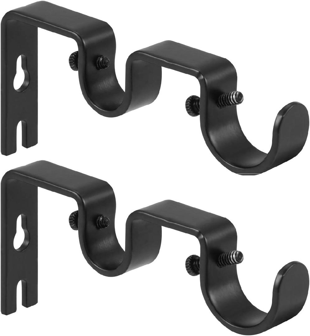 Heavy Duty Double Curtain Rod Brackets, 1" & 5/8" Inch Rod Holders (Set of 2, Black)