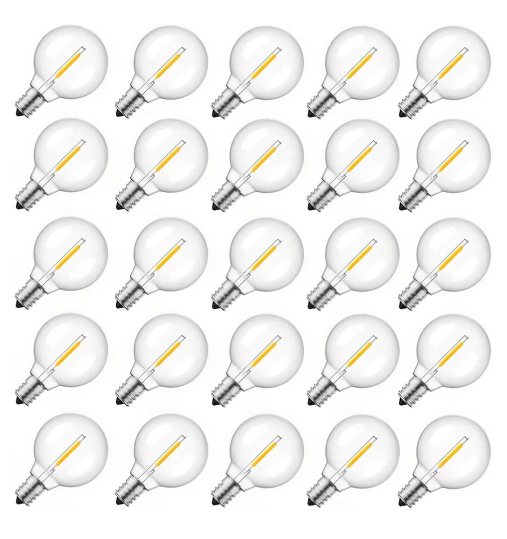 Brightown G40 Replacement LED Light Bulbs, 25 Pack Clear Globe Bulb fits E12 C7 Candelabra Screw Base Sockets, 1.5 Inch Dimmable Edison Light Bulbs for Indoor Outdoor Patio Decor, Warm White