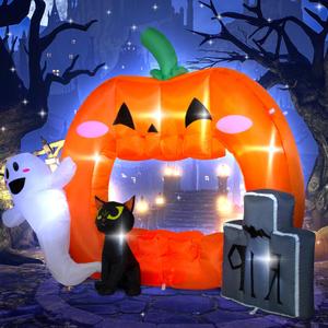 7FT Halloween Inflatable Pumpkin Photo Frame with Tombstone Black Cat White Ghost,Built-in LEDs for Halloween Blow Up Indoor Decor, Cute Fun Holiday/Party/Yard/Garden Fantasy Party Display