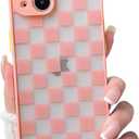 NITITOP Compatible with iPhone 14 Case Matte Aesthetic Checkerboard Checkered Pattern for Women Girls Men Full Camera Lens Clear Slim Hard Back Shockproof Protective Phone Cover - Pink