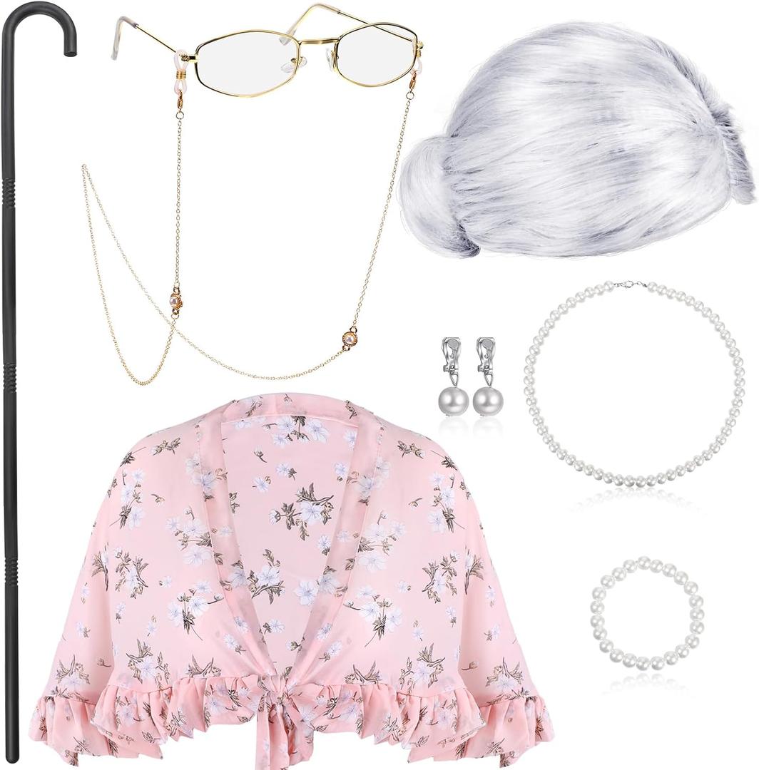 BBTO 100 Days of School Costume Old Lady Costume for Kids Granny Wig Shawl Grandma Outifits with Glasses and Accessories
