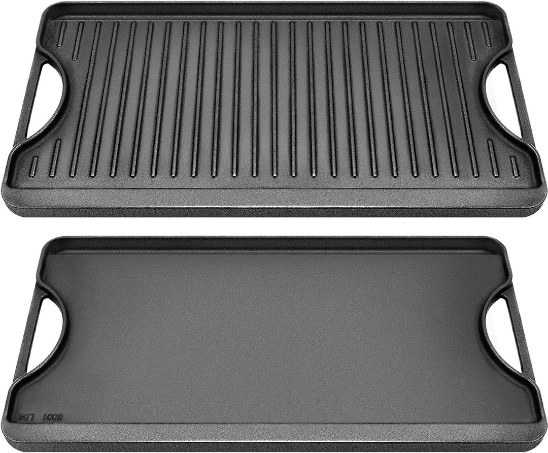 GGC Cast Iron Reversible Griddle, 2-in-1 Griddle Pan for Gas Stove Tops, Gas Grills and Camping, 20 x 10.5 Flat and Ribbed Griddle Plate for Indoor and Outdoor Cooking