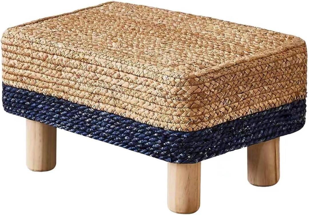 Wimarsbon Natural Seagrass Footstool Ottoman Rectangular Footrest Pouf Ottomans with Wooden Legs Hand Weave Step Stool for Living Room Bedroom Entryway Blue, 12"D x 16.5"W x 9.5"H