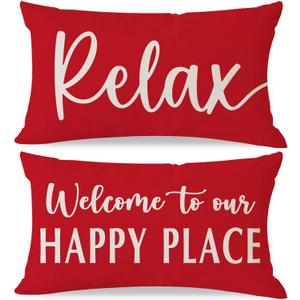 Welcome to Our Happy Place Relax Decorative Throw Pillow Covers 12x20 Inch Set of 2 Red Outdoor Rustic Farmhouse Porch Decor Cozy Lumbar Cushion Case Decoration for Home Sofa Couch Living Room
