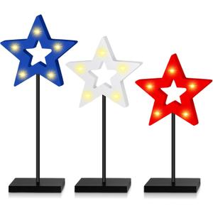 3 Pcs 4th of July Table Decorations Standing Star Block Set Patriotic LED Centerpieces Red White Blue Wooden Star Signs for Home Tabletop Tiered Tray Party Decor(Hollow Style)