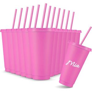 Amyhill 12 Pcs Reusable Plastic Cup with Lid and Straw 24 oz Plastic Tumbler Bulk Iced Coffee Cup Travel Mug for Girl Smoothie Juices Wedding Graduation Birthday Sleepover Party Supplies(Rosy)