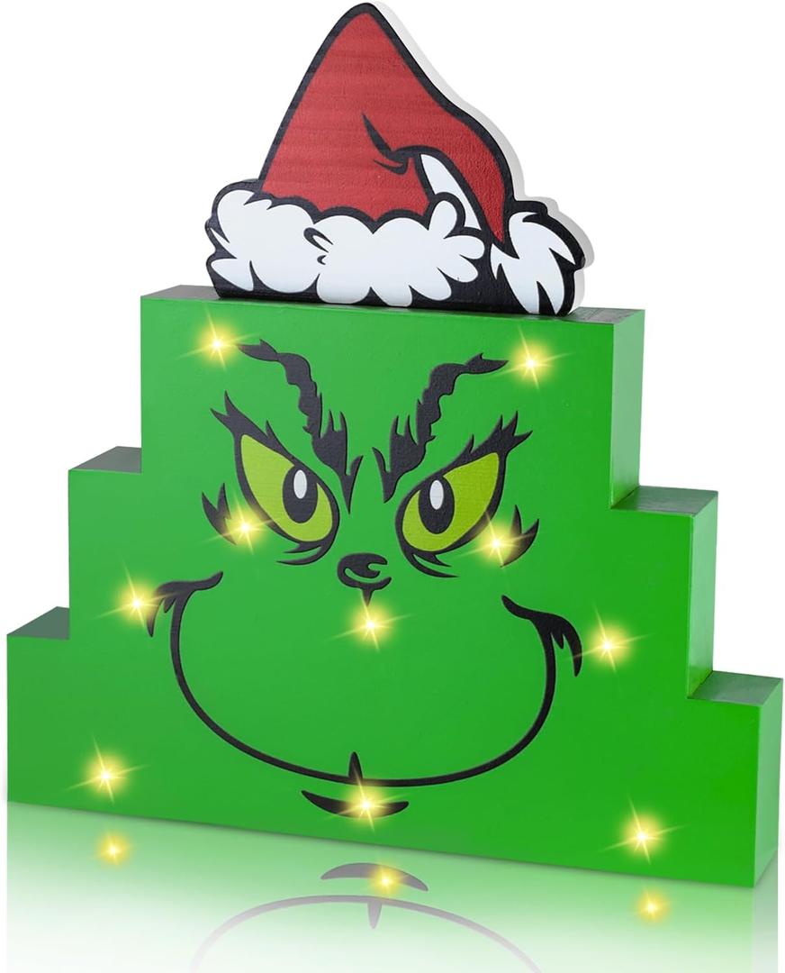 Light Up Christmas Table Decor Green Christmas Decorations Wooden Sign with LED Lights - Battery Operated Christmas Decorations Indoor for Home Mantel Fireplace Shelf Table Top Decor