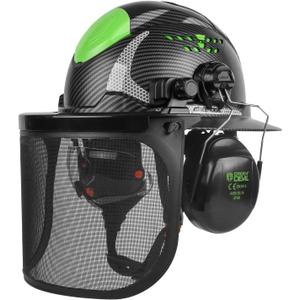 GREEN DEVIL Industrial Chainsaw Helmet with Face Shield Built in Visor and Ear Muffs 4 in 1 System ANSI Z89.1 Safety Hard Hat Adjustable Headgear Ideal for Forestry and Arborist Work Full Brim Style, Black
