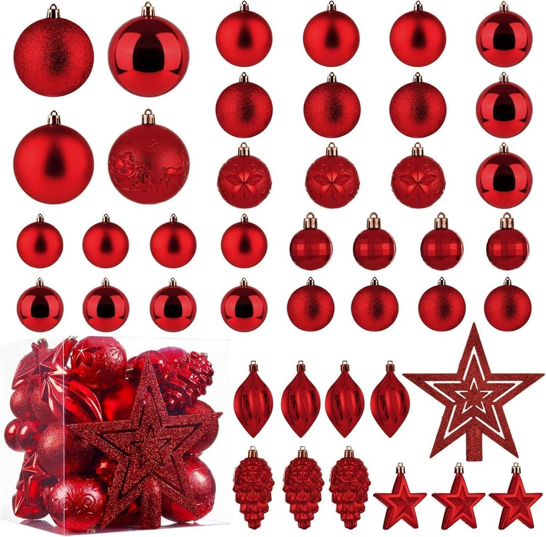 Christmas Ball Ornaments - 43pcs Shatterproof Christmas Tree Decorative Hanging Ornaments with Loop for Xmas Holiday Party Wreath Home Decoration, Red(Combo of 10 Ball and Shaped Styles)