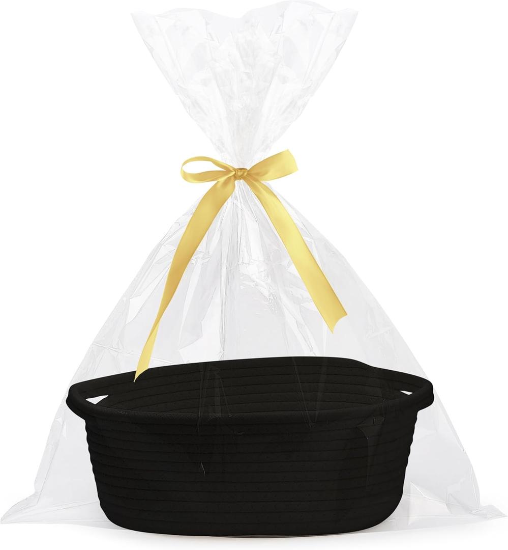 Pro Goleem Small Woven Basket with Gift Bags and Ribbons Durable Baskets for Gifts Empty Small Rope Basket for Storage 12"X 8" X 5" Baby Toy Basket with Handles, Black