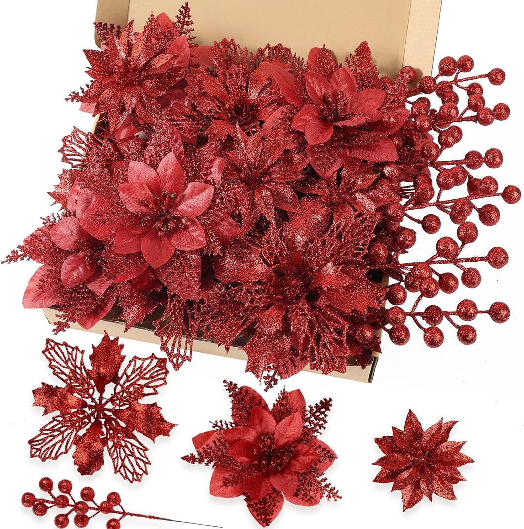 N&T NIETING 24 Pcs Christmas Poinsettia Artificial Flowers & Glitter Berries Stems Kit Christmas Floral Picks Christmas Tree Garland Wreath Filler Ornaments for Home Party Xmas Decor, Red