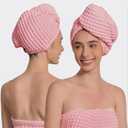 100% Organic Cotton Hair Drying Waffle Towel Wrap for Women | Absorbent & Quick Dry Head Turban for Wet Hair in Shower Sauna Spa, Extra Large for Long Straight Curly Plopping Button (Pink, 1 PACK)
