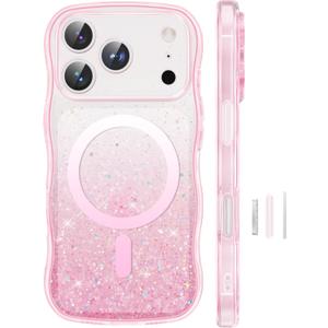GVIEWIN Magnetic for iPhone 17 Pro Case, [Full Camera Protection] [Compatible with MagSafe] Curly Wavy Frame Gradient Sparkly Glitter Women Girls Phone Cover for 17 Pro 6.3", Pink