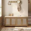 VASAGLE ELLAN Collection - Boho Shoe Bench with Cushion, Entryway Storage Bench with 4 Rattan-Look Cabinet Doors, Rounded Corners, Adjustable Shelf, for Bedroom Under Window, Natural Brown ULSB502KC01, 13.8"D x 47.2"W x 20.9"H
