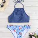Ekouaer High Neck Halter Bikini Top Floral Swimsuits Two Piece Bathing Suits Triangle Bottoms for Women Teen Juniors XS-XXL (Blue, XXL)