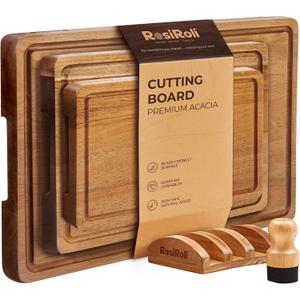 Acacia Wood Cutting Board for Kitchen, Set of 3 - Durable Thick Chopping Boards with Juice Grooves & Handles for Prep & Serving, Impressive Gift for Housewarming, Kitchen Gifts for Mom