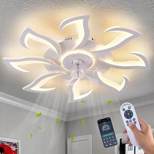 Modern Ceiling Fan with Light and Remote, Low Profile Ceiling Fans with Lights, 36 Inch White Flush Mount Ceiling Fan with 3 Light Color 6 Speeds, Fandelier Ceiling Fan for Living Room (Malnutcolor)