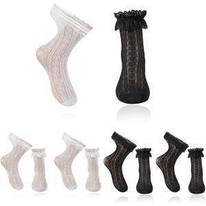 Sheer Heart Lace Socks, Women Black and White Frilly Ruffle Lace Socks | 2 Pairs Black and White Ruffle, Frilly, Lightweight, High Stretch Black and White Dress Lace Socks for Ladies Frilly Sock (White)