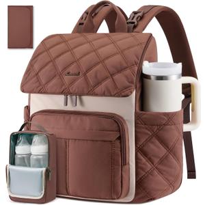 LOVEVOOK Diaper Bag Backpack With Pocket For Large Capacity Cup,Multi-Function Baby Travel Bag For Mom Dad,Waterproof Baby Bag for Boys Girls with Changing Pad,Insulated Bag,Stroller Straps, Apricot Coffee, M-15.6 inch