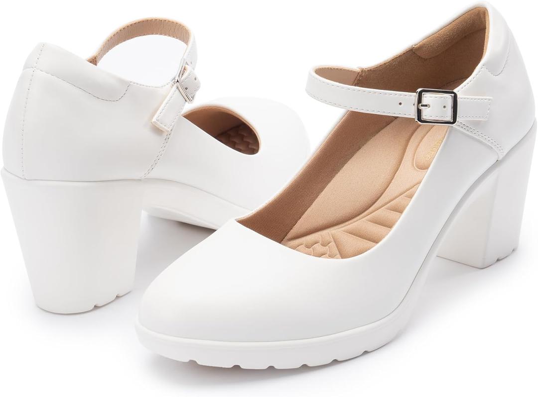 Mary Jane Heels with Arch Support, Closed Round Toe Chunky Pumps for Women, Comfortable Block Heel Dress Shoes (11, White)