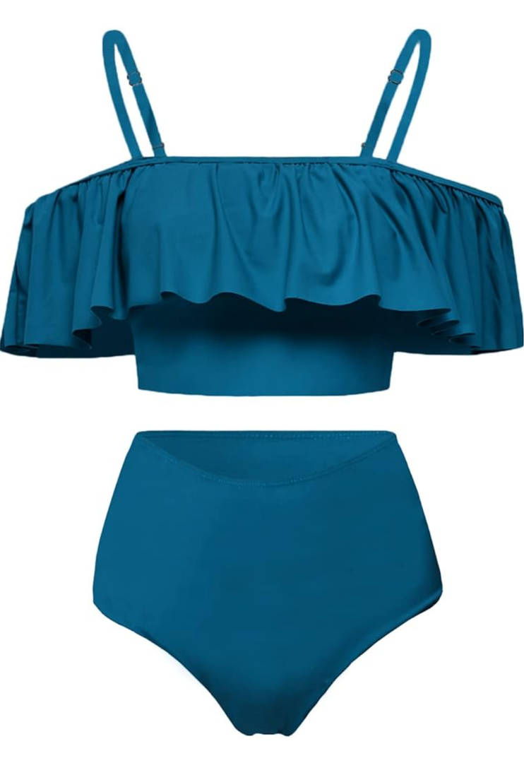 Kaei&Shi High Waisted Flounce Bikini Set,Tummy Control Swimsuits for Women,Off Shoulder L, Peacock Blue